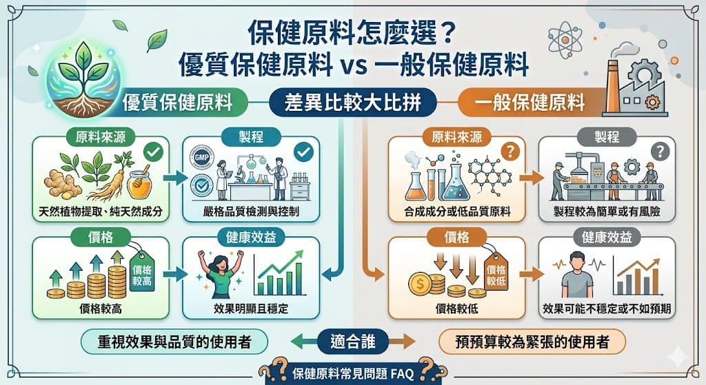 選擇保健原料時，消費者需根據自己的需求來決定，優質保健原料與一般保健原料的差異，不僅在於來源，還包括製程和效果。天然植物提取物、動物來源原料及合成原料等不同類型的保健原料，各有其獨特的健康效益。在選擇保健原料時，應注意品質保障與供應商的可信度，避免選擇價格過低但來源不明的產品。